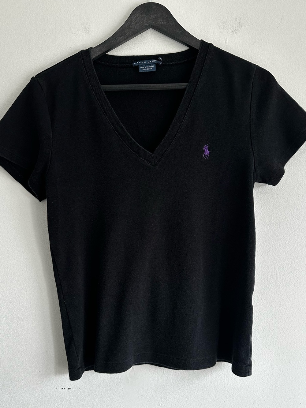 Ralph Lauren Black V-Neck Short Sleeve Tee with Purple Pony Size‎ XL